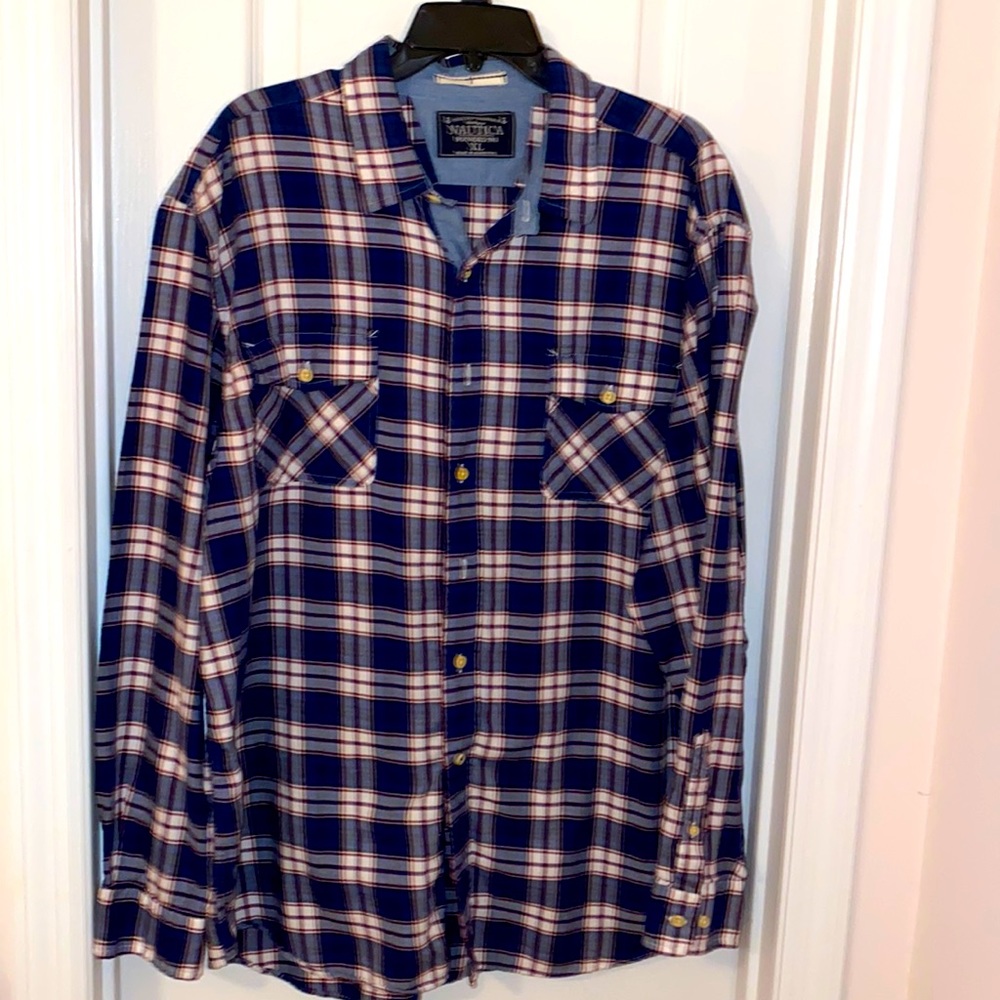 Nautica Shirt XL, Blue Red Plaid Very Soft EUC